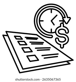Icono de contrato de corto plazo representado por papel, reloj de pared estilo línea.