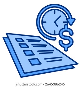 Icono de contrato de corto plazo representado por papel, reloj de pared estilo azul.