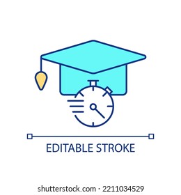 Short Term Educative Program RGB Color Icon. Mortar Board And Stopwatch. Knowledge And Skills. Isolated Vector Illustration. Simple Filled Line Drawing. Editable Stroke. Arial Font Used