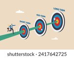 Short term, mid-term and long term goals, step to reach success or achievement, aim for targets, objectives or purpose, challenge to goals, businessman running to short, medium and long term goals.