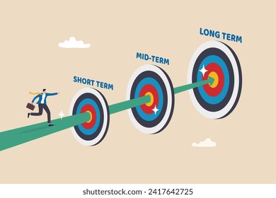 Short term, mid-term and long term goals, step to reach success or achievement, aim for targets, objectives or purpose, challenge to goals, businessman running to short, medium and long term goals.