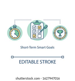 Short Term Smart Goals Concept Icon. Daily Accomplishments Idea Thin Line Illustration. Tasks Planning, To Do List. Objectives Achieving. Vector Isolated Outline RGB Color Drawing. Editable Stroke