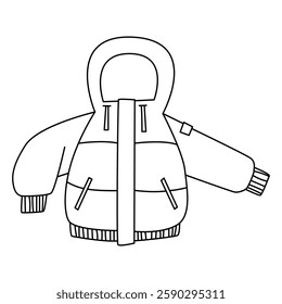 Short thick jacket with a hood, down jacket, outerwear. Contour drawing, line black, flat vector, eps10