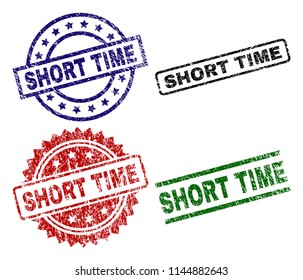 SHORT TIME seal stamps with corroded texture. Black, green,red,blue vector rubber prints of SHORT TIME caption with corroded style. Rubber seals with circle, rectangle, medal shapes.