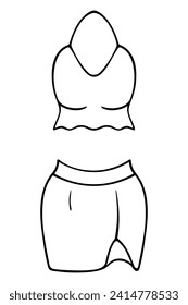 A short top with one strap around the neck and a short tulip skirt with a slit at the hip. Sketch. Vector illustration. Doodle style. Ladies' summer outfit with a deep neckline and belt. 