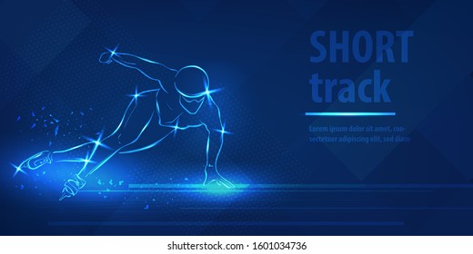 Short track skating sport. Ice skate speed ice skating race. Blue neon horizontal banner. Olympic winter games. Man extreme figure. Short track skating blue neon winter sport vector background.