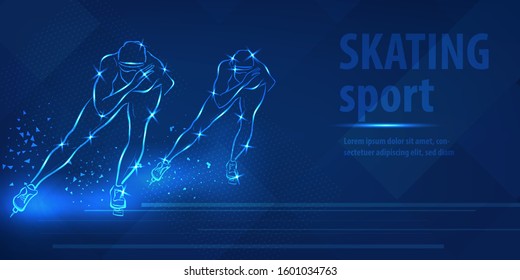 Short track skating sport. Ice skate speed ice skating race. Blue neon horizontal banner. Olympic winter games. Man extreme figure. Short track skating blue neon winter sport vector background.