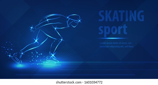 Short track skating sport. Ice skate speed ice skating race. Blue neon horizontal banner. Olympic winter games. Man extreme figure. Short track skating blue neon winter sport vector background.