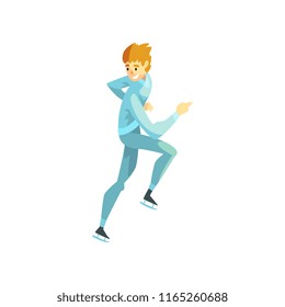 Short track speed male skater, man athlete character in sportswear, active sport lifestyle vector Illustration on a white background