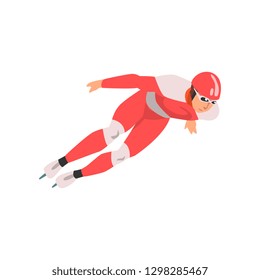 Short Track Speed Skater, Male Athlete Character in Sports Uniform, Active Sport Healthy Lifestyle Vector Illustration