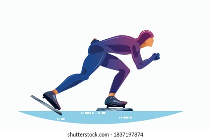 Short track speed skating. A muscular athlete in sportswear overcomes the distance on skates. Vector flat design illustration side view.