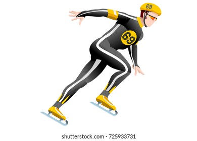 Short track speed skating race skater athlete winter sport man vector 3D iceskating isometric icon.