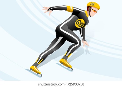 Short track speed skating race skater athlete winter sport man vector 3D iceskating isometric icon.