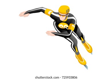Short track speed skating race skater athlete winter sport man vector 3D iceskating isometric icon.