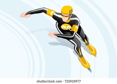 Short track speed skating race skater athlete winter sport man vector 3D iceskating isometric icon.