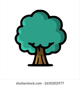 Icono de árbol corto con follaje superior redondo y tronco delgado, dibujado en un contorno plano de dibujos animados, perfecto para mapas.