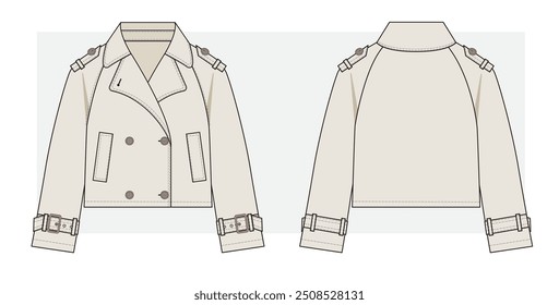 Esboço técnico curto Trench coat. Ilustração vetorial.