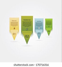 Short vector pointers. Four modern design arrow pointers with space for your informations. Four steps in different colors. Folded paper choices. Fresh template. 