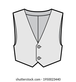 Short vest waistcoat technical fashion illustration with sleeveless, cropped length, V-neckline, button-up closure. Flat apparel template front, grey color style. Women, men, unisex top CAD mockup