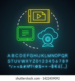 Short video neon light icon. Awareness content.Digital marketing. Visual media. Broadcasting, player, blogging, streaming. Glowing sign with alphabet, numbers and symbols. Vector isolated illustration