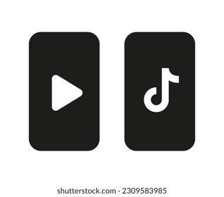 Short video with play button and note, melody, video for smartphones and phones, two black and white icons. Vector illustration of the symbol of entertainment and short content