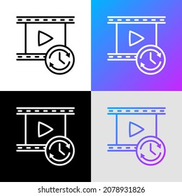 Short video thin line icon: film with button play and timer sign. Modern vector illustration for logo.