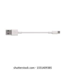 Short white USB cable cord with standard type A and B plug. Phone charging wire - realistic mockup with connector symbol isolated on white background, modern technology equipment vector illustration