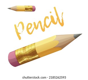 Short yellow pencil vector icon isolated on white background. School or office supply pencil with magenta eraser cartoon illustration