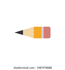 Short yellow wooden pencil icon with rubber eraser. Theme for stationery and office supplies. Vector clipart. Illustration оn blank white background.  