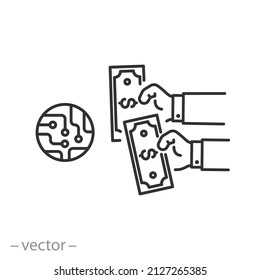 shortage and demand for semiconductor, chip pay price, tech competition, thin line symbol on white background - editable stroke vector illustration
