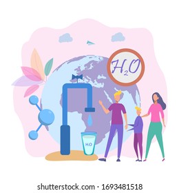 Shortage Of Fresh Water, Water Treatment Concept. Pure Water, Filtration. Colorful Vector Illustration.