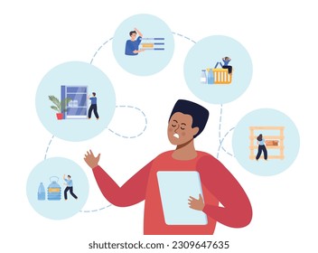 Shortage of goods flat background composition with unhappy male character surrounded by compositions of few products vector illustration