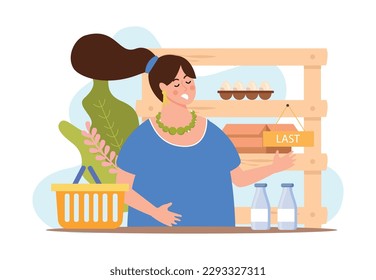 Escasez de productos Composición plana con caracter femenino doodle en tienda de comestibles tomando la última ilustración del vector de botella de leche