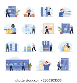 Shortage of goods flat set of isolated icons with supermarket shelves racks and bottles becoming empty vector illustration