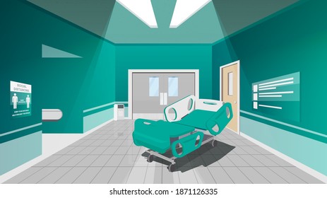 Shortage of ICU beds (Intensive Care Unit), covid-19 and social issues concept. Modern Hospital Interior, Editable Vector Illustration