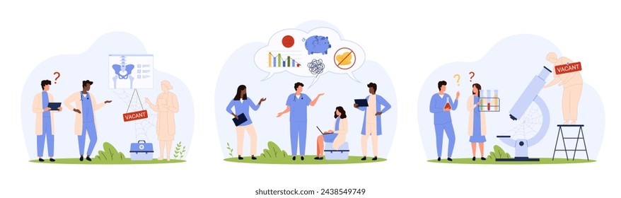 Shortage of medical staff, hiring problem, reduction of salary for medics set. Tiny people work on xray and patient tests with silhouettes of talent doctors and nurses cartoon vector illustration