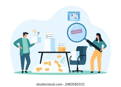 Shortage of office staff and crisis of work overload. Tiny people look through magnifying glass at Vacant sign on office workers chair, table with stack of paper documents cartoon vector illustration