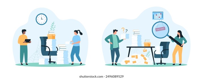 Shortage of office staff, HR and employment crisis set. Tiny people carry paper documents to empty chair of wanted employee, look through magnifying glass at Vacant sign cartoon vector illustration