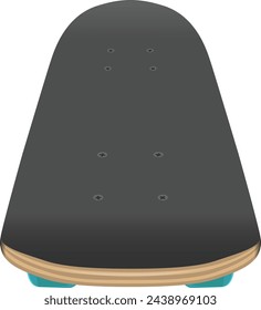 Shortboard skateboard type plywood deck with blue PU wheels angled top front view isolated on white cartoon style vector illustration