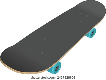 Shortboard skateboard type plywood deck with blue PU wheels angled aspect top front side view cartoon style isolated on white vector illustration