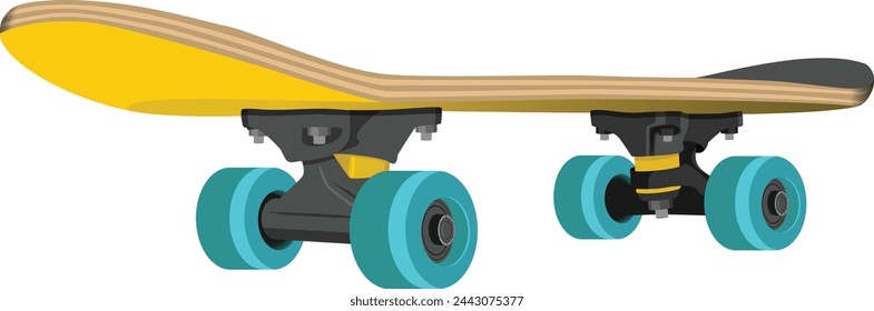 Shortboard skateboard type plywood deck with blue PU wheels and metal trucks front side angle view isolated on white vector illustration