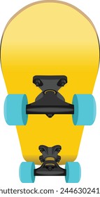 Shortboard skateboard type plywood deck with blue PU wheels and metal trucks front bottom view isolated on white cartoon style vector illustration