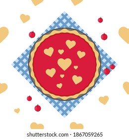 shortbread cake with berry jam and heart-shaped cookies on the tablecloth. On white background. Delicious food, love, the concept of a fun time. vector seamless pattern background