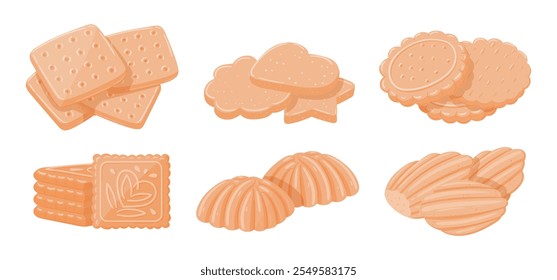 Shortbread cookies. Cartoon delicious cookies, tasty buttery and crumbly cookies of various shapes flat vector illustration set. Homemade cookies piles