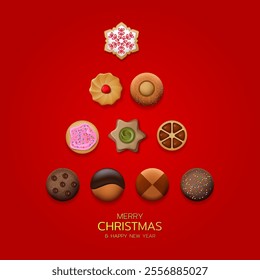 Shortbread as Merry Christmas and Happy New Year background. Chocolate, ginger, sugar, shortbread, strawberry cookies with chocolate drops, icing, vanilla cream. Vector illustration