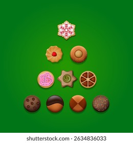 Shortbread as Merry Christmas and Happy New Year background. Chocolate, ginger, sugar, shortbread, strawberry cookies with chocolate drops, icing, vanilla cream. Vector illustration