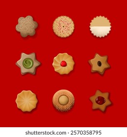 Shortbread set. Chocolate, ginger, sugar, shortbread, strawberry cookies with chocolate drops, icing, vanilla cream. Vector illustration