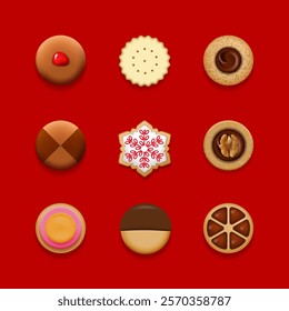 Shortcake set. Chocolate, ginger, sugar, shortbread, strawberry cookies with chocolate drops, icing, vanilla cream. Vector illustration