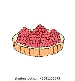 Shortcrust pastry tartlet with whipped cream, decorated with raspberries. Vector illustration in flat, cartoon style. Tasty and sweet tartlet with raspberries, isolated on white background. 