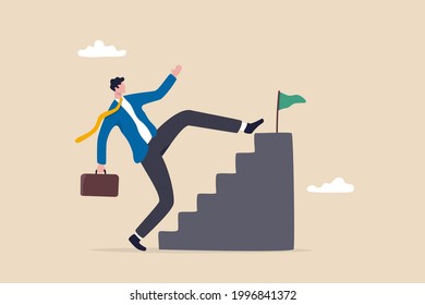 Shortcut or advancement in career development or work to achieve target, skip step to reach goal or beginner mistake by try hard way to success concept, businessman skip stair step to reach target.